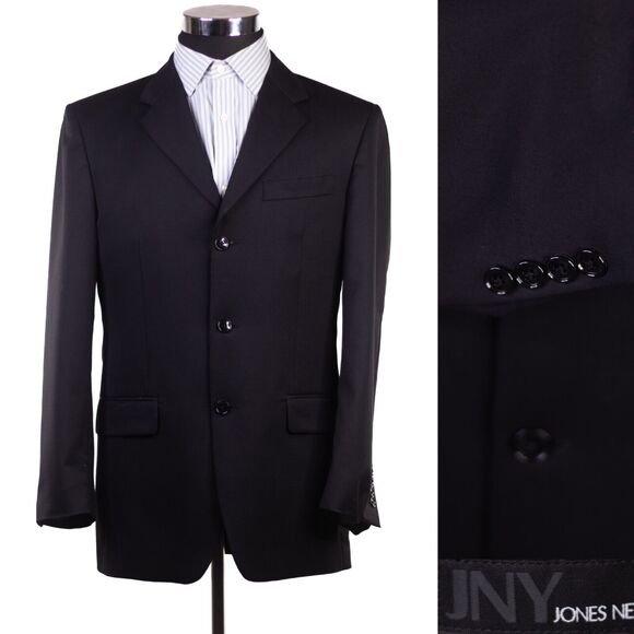Jones New York 37R Black Solid Wool Three Button Sport Coat Blazer Jacket - Picture 1 of 13